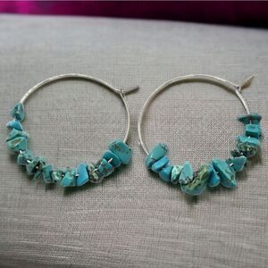 Large Silver Hoop Turquoise Raw Stone Earrings 1.5" Boho Statement NWT Jewelry
